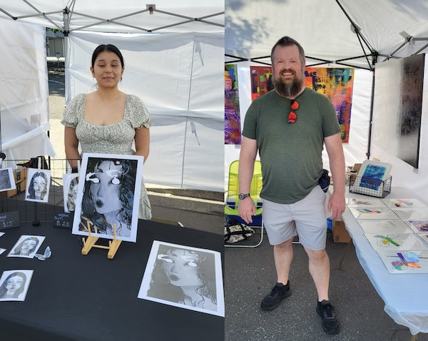 Photo of woman and man in their artist booths.